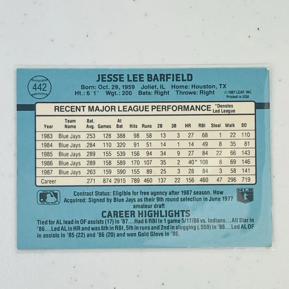 1988 Donruss Baseball Jesse Barfield Toronto Blue Jays Trading Card Vintage
